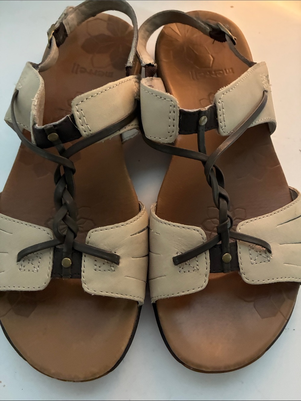 Women's Beige Braided Leather Sandals - Comfortable Casual Strappy Flat Size